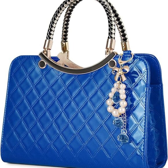 Neiman Marcus Shiny Faux Leather Blue Diamond Pattern Top Handle Purse - Picture 4 of 5